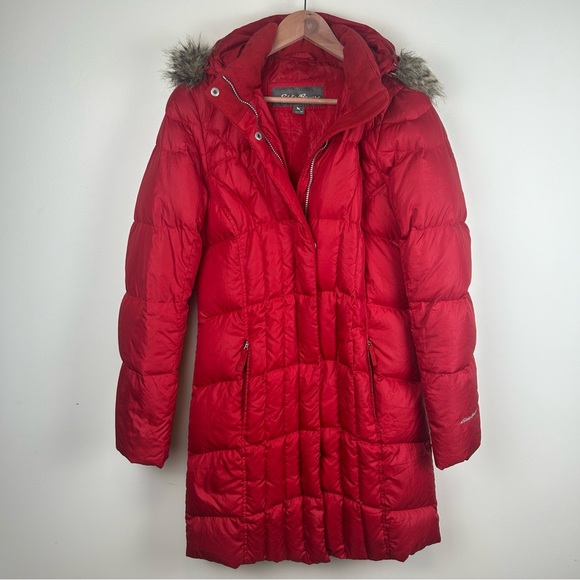 Eddie Bauer Jackets & Blazers - Eddie Bauer Women’s Red Down Puffer Coat with Faux Fur Hood sz MT Lightweight